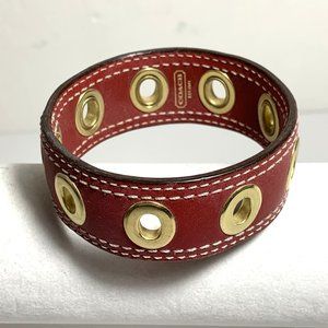 Coach Leather Grommet Bangle Bracelet Stackable Red with Gold Hardware NEW